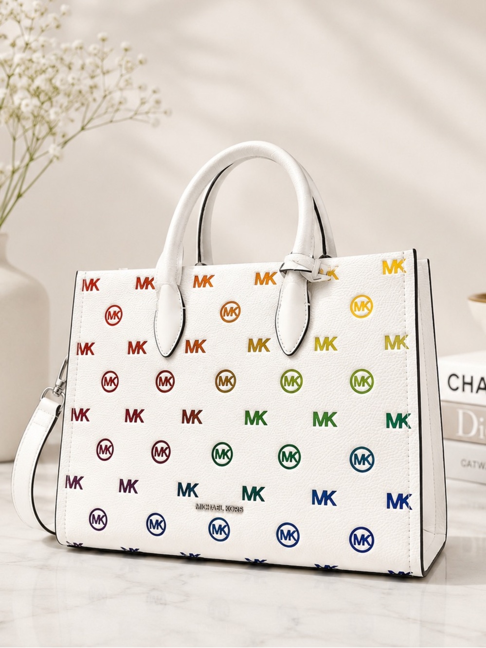Michael Kors Mirella Medium Rainbow Logo Embossed Tote Bag